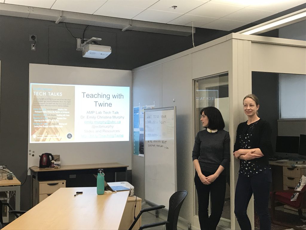 Dr. Emily Christina Murphy and Dr. Karis Shearer standing in front of a presentation entitled "Teaching with Twine"