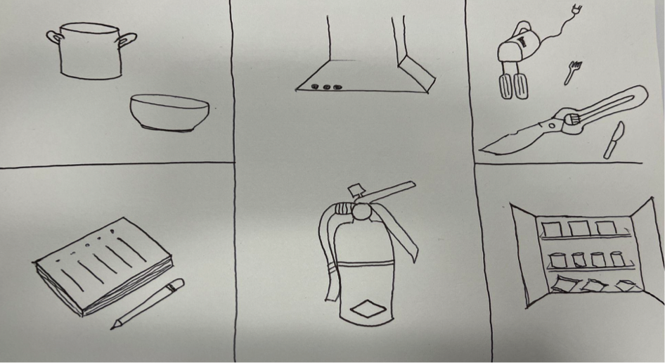 Handdrawn image of pots, notepad, range hood and fire extinguisher, utensils, and a well ordered cupboard.