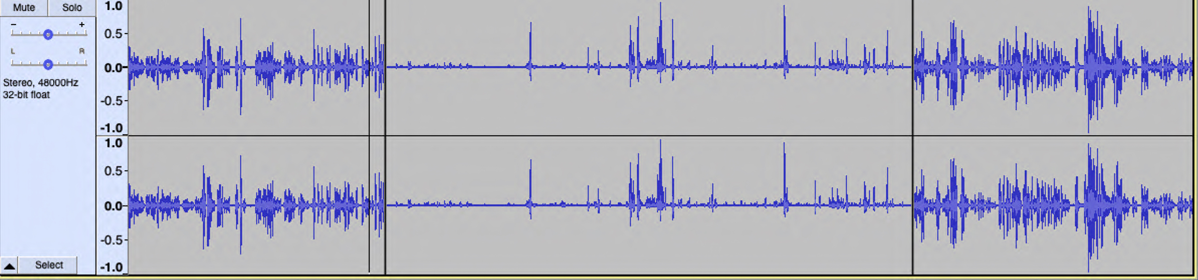 Image of a portion of the waveform of an archival sound object that has undergone a Vocoder Amplification and Vocal Removal to maintain privacy for a particular subject. This example of a Feminist Edit was created by Sarah Cipes using Audacity for her presentation of “Finding Due Balance: Sound Editing as Feminist Practice in Literary Archives” at the 2022 SpokenWeb Symposium. 