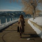 A woman with blond curly hair, wearing long tan coat walks away from the camera on a boardwalk by the lake.